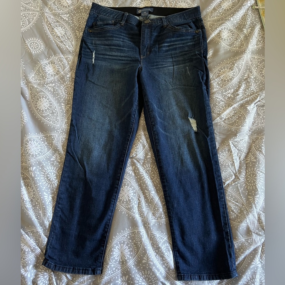 Women's distressed Democracy “ab solution” high waist ankle length Blue Jeans